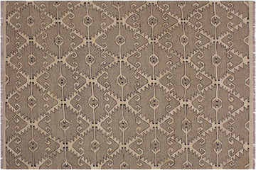 Flat Weave Kilim, Antique, Navaho, Vintage, Handmade, Modern Kilim Gray Tan Hand-Woven Rectangle 100% Wool Area Rug 6 x 8